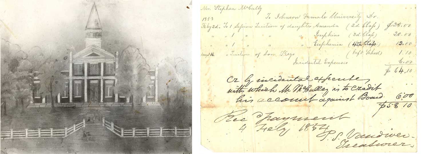 hand written receipt and picture of the university painted in 1856.