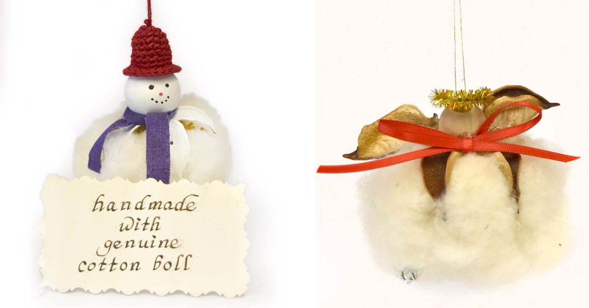 angel and snowman, two types of handmade cotton boll ornaments 